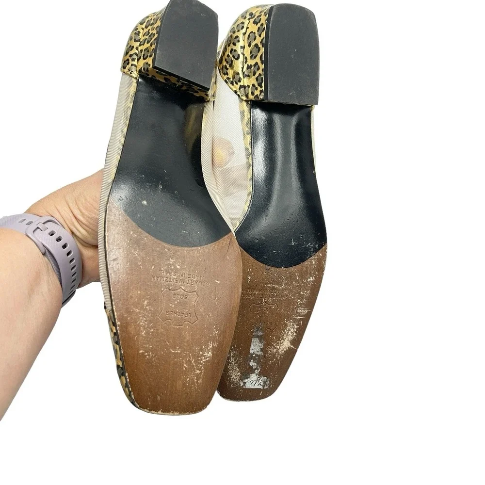Stuart Weitzman Beige Flats with Gold Leopard Cap-Toe and Bow